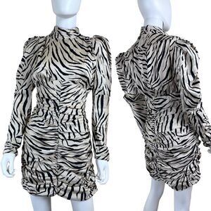 Bardot Women Size 10 Beige Animal Print Puff Sleeve Ruched Mini NEW Dress Party